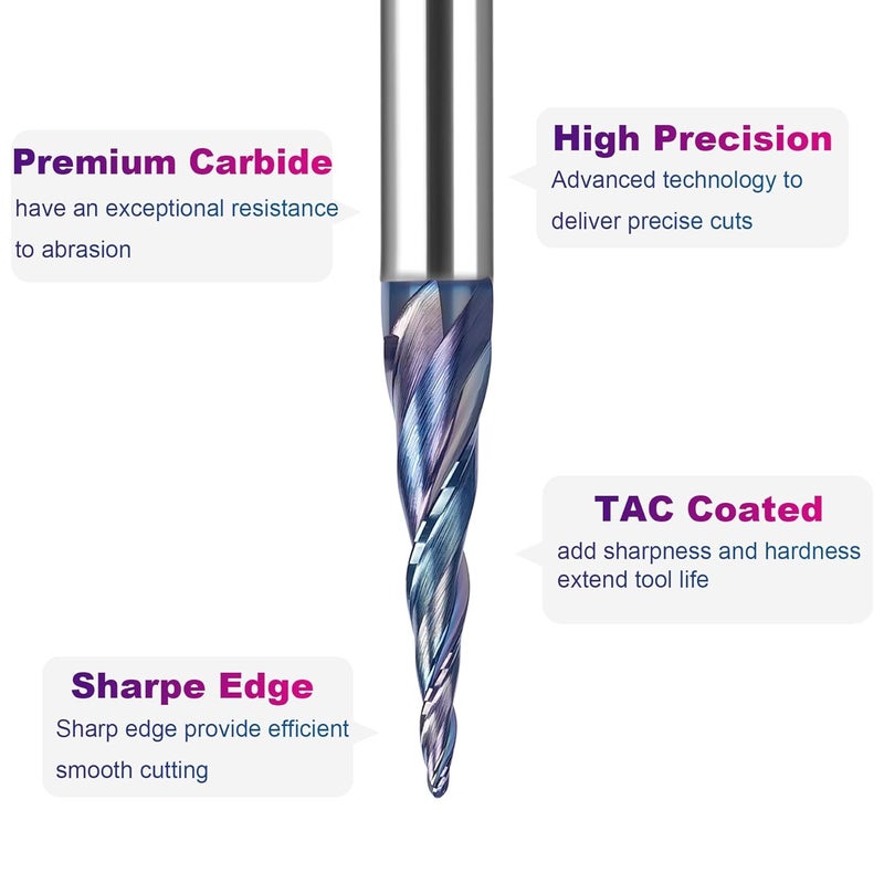SpeTool TAC Coated Tapered Ball Nose End Mill 1/4" Shank 1/32" Cutting Radius, CNC Router Bit for 3D Carving Engraving - Image 4